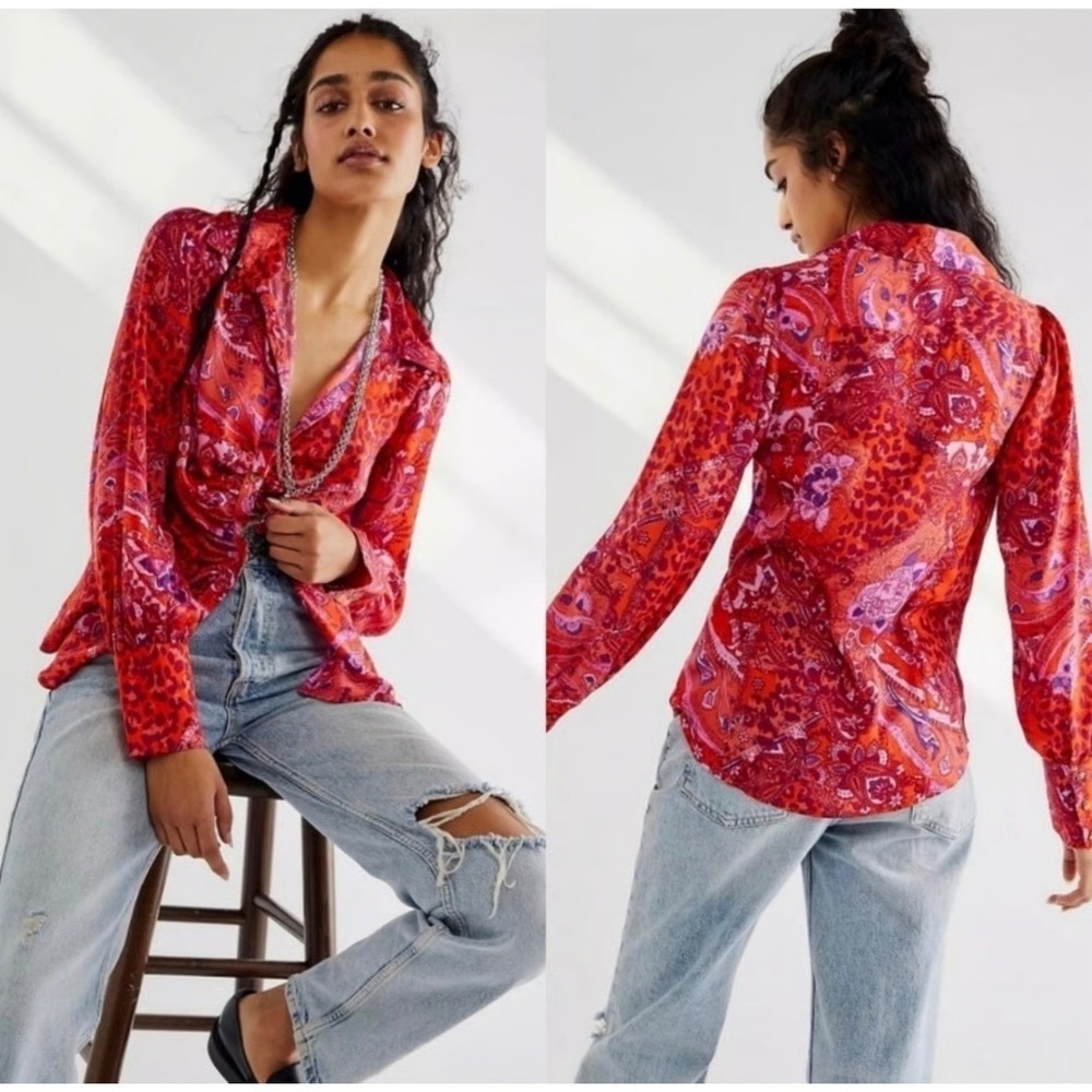 Free People Bianca Satin Vibrant Paisley Leopard Ruched Front Button Down Blouse